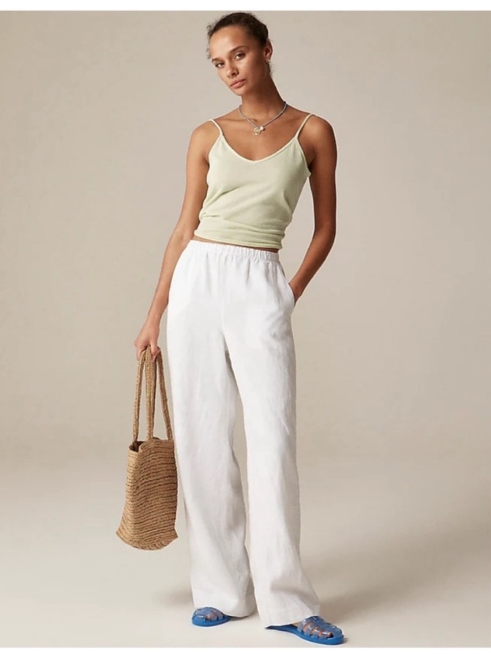 J. Crew Stratus Wide Leg Elastic Waist Linen Pants in White CL872 - XXL